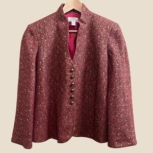 Talbots Blazer Woman Petites 12W Red Gold Metallic Tweed Mandarin Collar Jacket